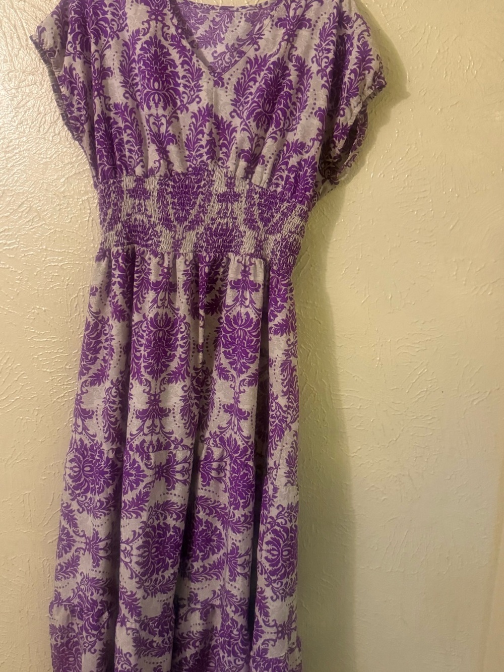 Purple Damask Print Smocked Waist Midi Dress XL